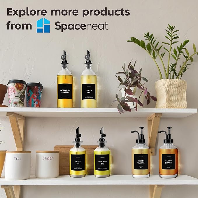 Olive Oil Dispenser Bottle - Includes 55 Kitchen Essential Labels - Cooking Oil Bottles for Kitchen, Coffee Syrup Dispenser - Pourer Spout with 16.9 fl oz Glass Container Cruet - 2pcs, Black