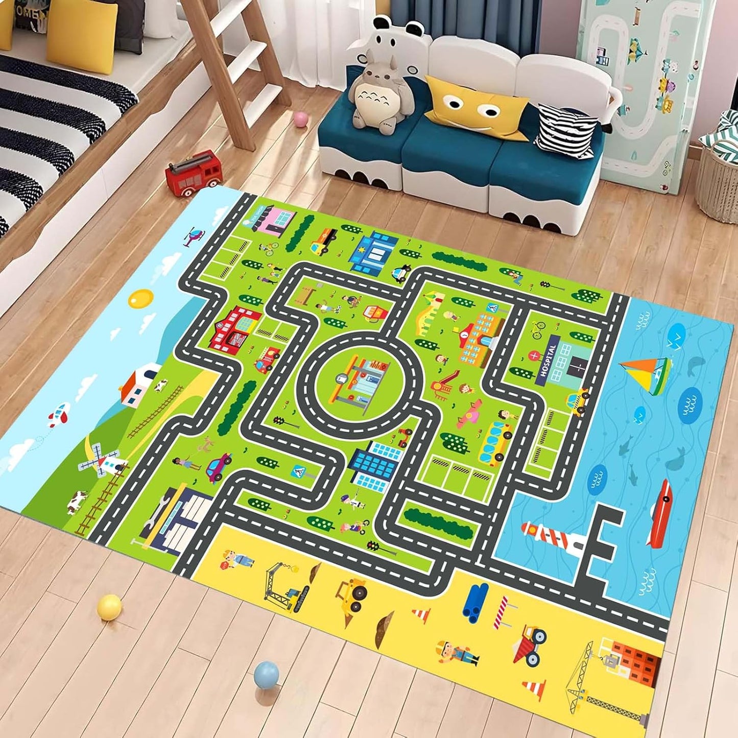 Kids Rug Playroom Car Rug Play Mat City Life Road Rugs Fun City Map for Kids Toy Cars Carpet for Bedroom Boys (Green-Rug, 3.3x4.9ft)