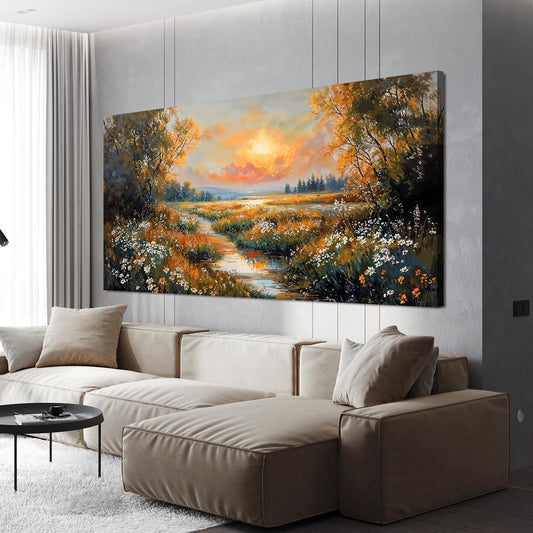 Canvas Wall Art Decor Large Vintage Wildflower Wall Art Prints Canvas Wall Art for Living Room River Sunset Art Work for Wall Decor Oversized Artwork for Walls Bedroom Office Wall art Decor 29" X 58"