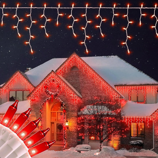 23FT 200Count Red Icicle Lights,White Wire Icicle Mini Lights Plug in with 40 Drops,Hanging Curtain Fairy String Light Connectable for Christmas Valentine's Day Halloween Party Decorations