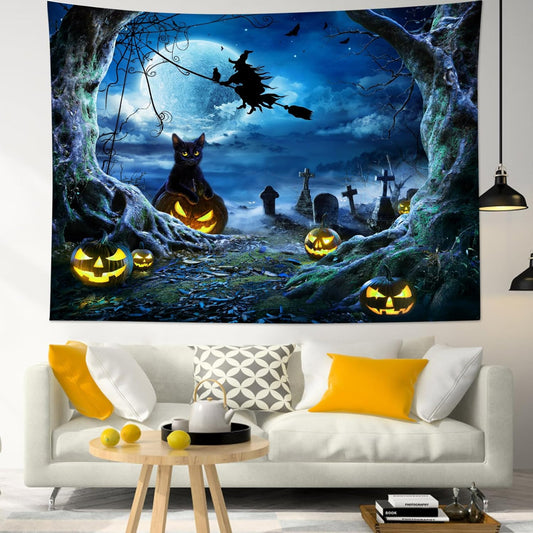 LB Halloween Wall Tapestry 60x40 Inch - Spooky Graveyard Scene with Witch, Black Cat, Pumpkin, Full Moon & Dead Tree Decor for Bedroom, Living Room, Dorm, Party