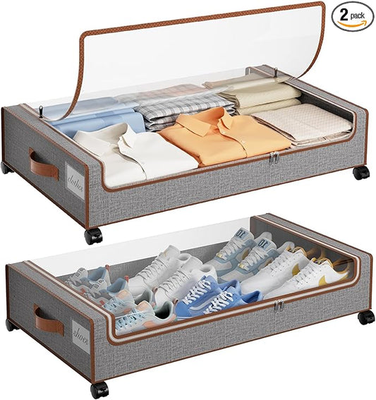 Yecaye Under Bed Storage with Wheels, 2 Pack Under Bed Storage Containers with Clear Lids & Label, XXL Large Lapacity Rolling Under Bed Drawers for Clothes, Shoes, Blankets