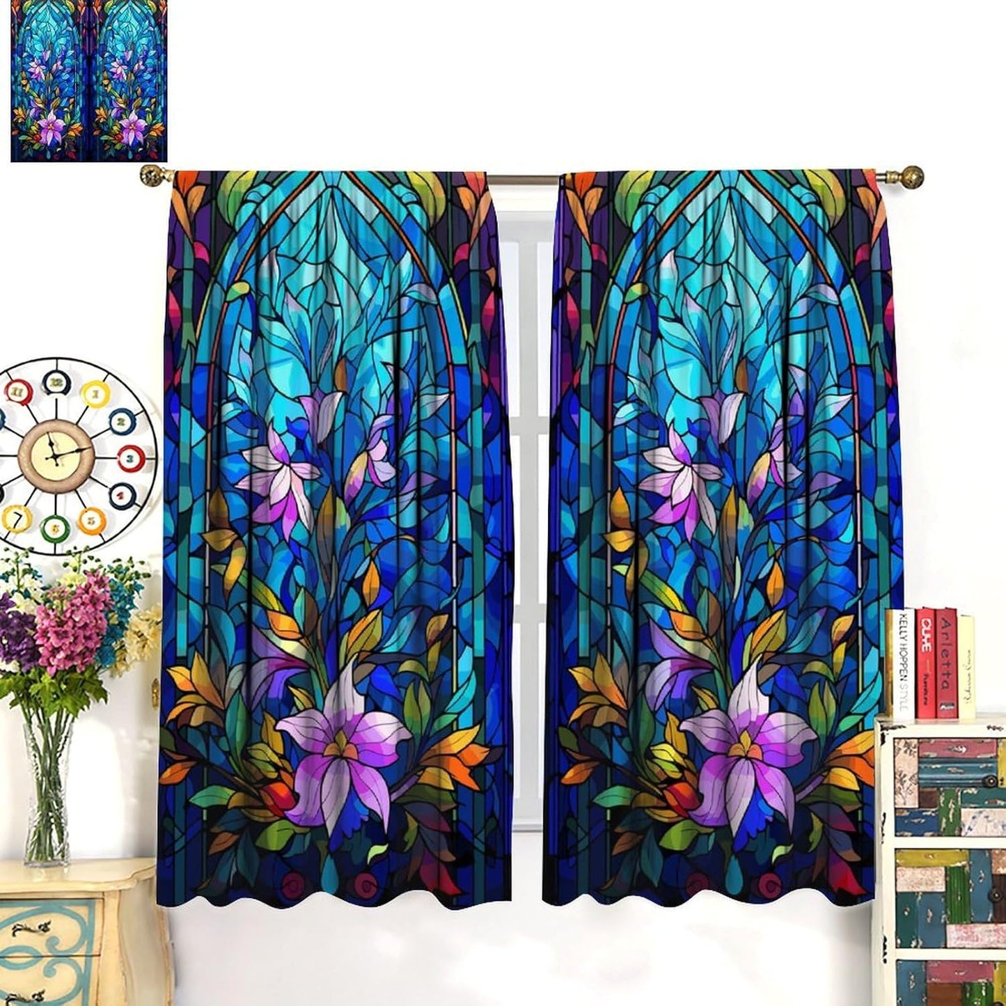 Stained Glass Curtains,Abstract Colorful Floral Geometric Art Home Decor Drapes for Bedroom Living Room Kitchen Window Treatment 2 Panels Set Total Size 52" W X 84" L Inch