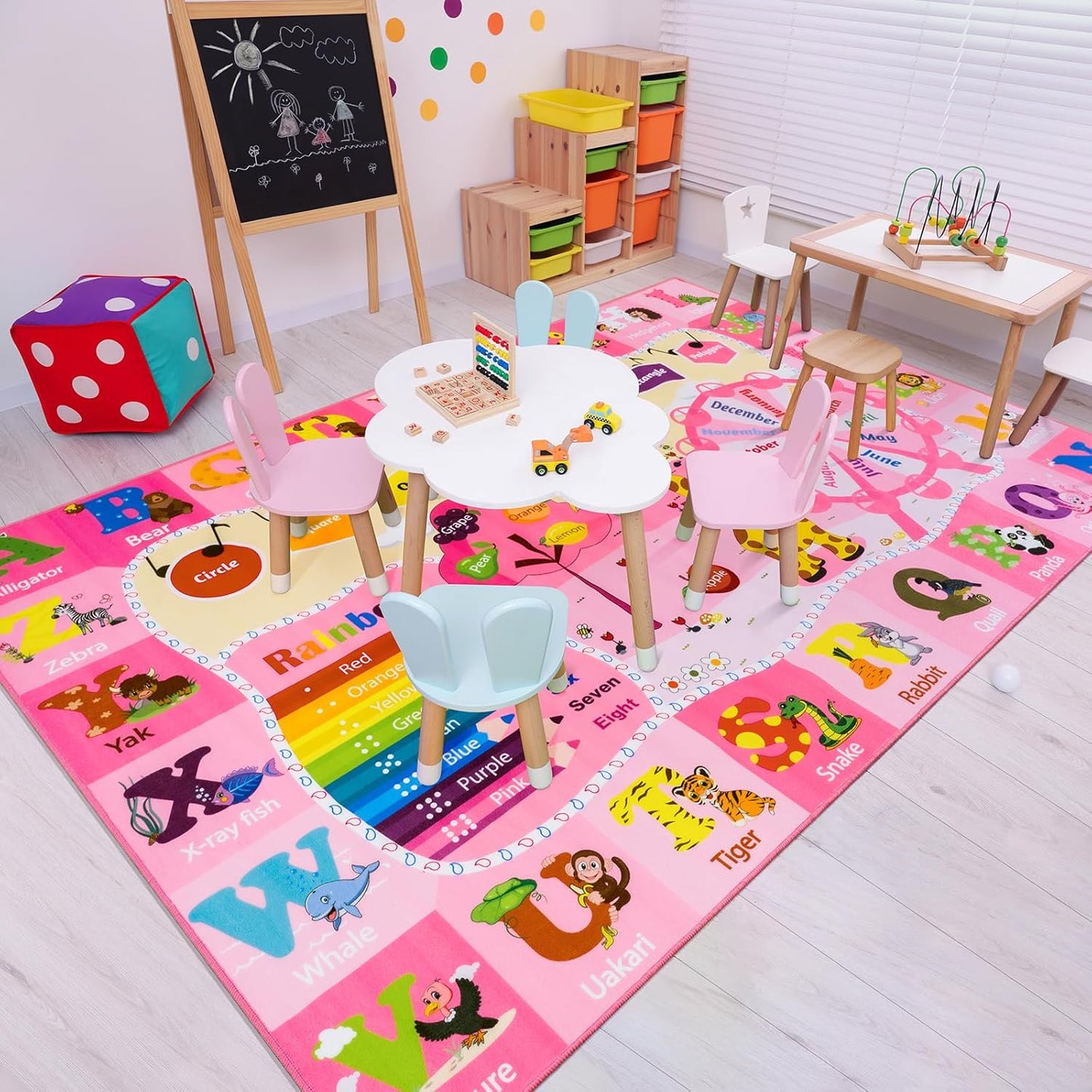 Kids Rugs for Playroom Bedroom Classroom Nursery, Non-Slip and Washable Rugs for Children Toddlers Girls, Educational and Fun Rug Carpets with ABC Alphabet Animals Shapes, 4x6, Pink