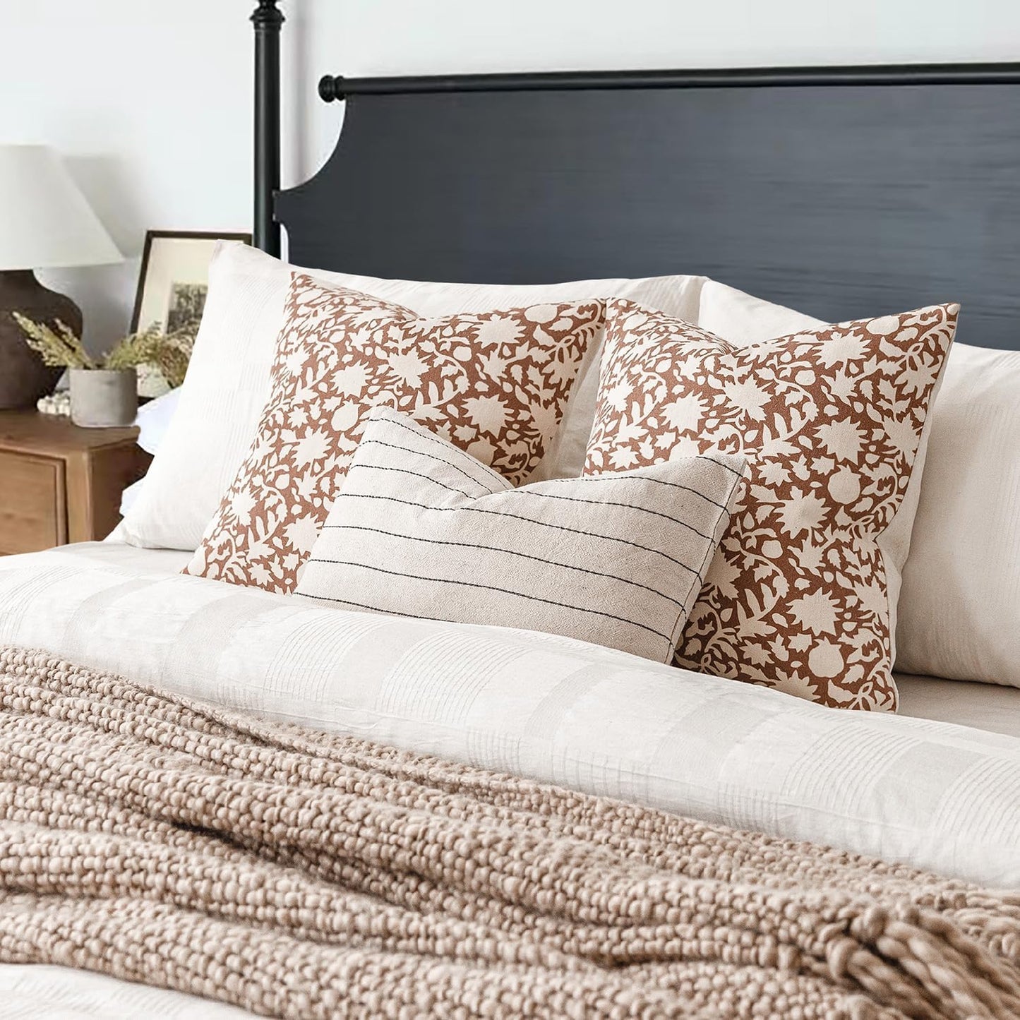 Foindtower Set of 2 Decorative Neutral Floral Throw Pillow Covers Accent Farmhouse Cushion Covers Boho Pillowcase for Couch Sofa Bedroom Living Room Home Decor Outdoor,24×24 Inch,Light Orange Brown