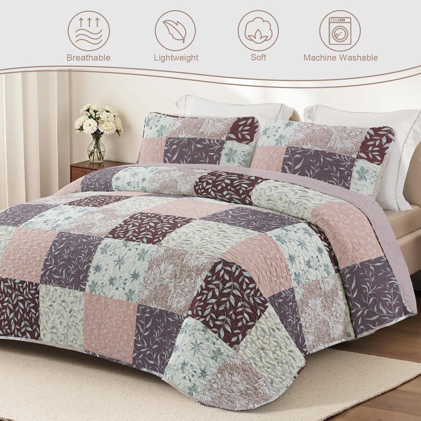 Exclusivo Mezcla Reversible Boho Quilt Set King Size, 3 Pieces Patchwork Brown All Season Bedspreads, Ultra Soft Floral Coverlet Bedding Set with Printed Pattern (1 Quilt, 2 Pillow Shams)