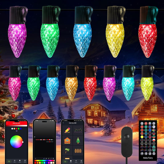 Brightown C9 LED Christmas Lights Outdoor, 200LED RGB Smart Christmas Tree Lights Music Sync DIY APP Controlled, Waterproof Connectable C9 String Lights for House Indoor Patio Xmas Decoration