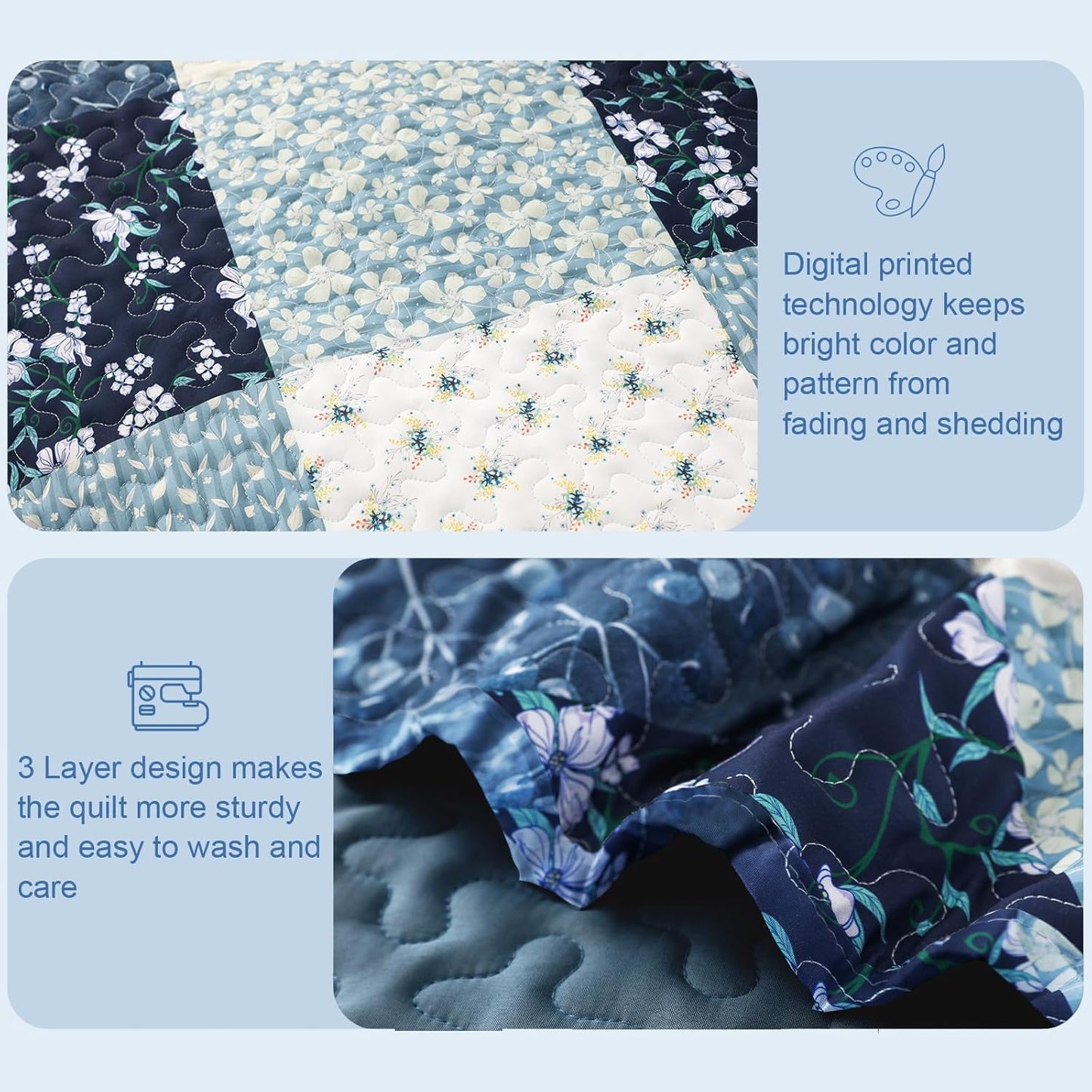 Exclusivo Mezcla Reversible Boho Quilt Set Twin Size, 2 Pieces Patchwork Blue All Season Bedspreads, Ultra Soft Floral Coverlet Bedding Set with Printed Pattern (1 Quilt, 1 Pillow Sham)