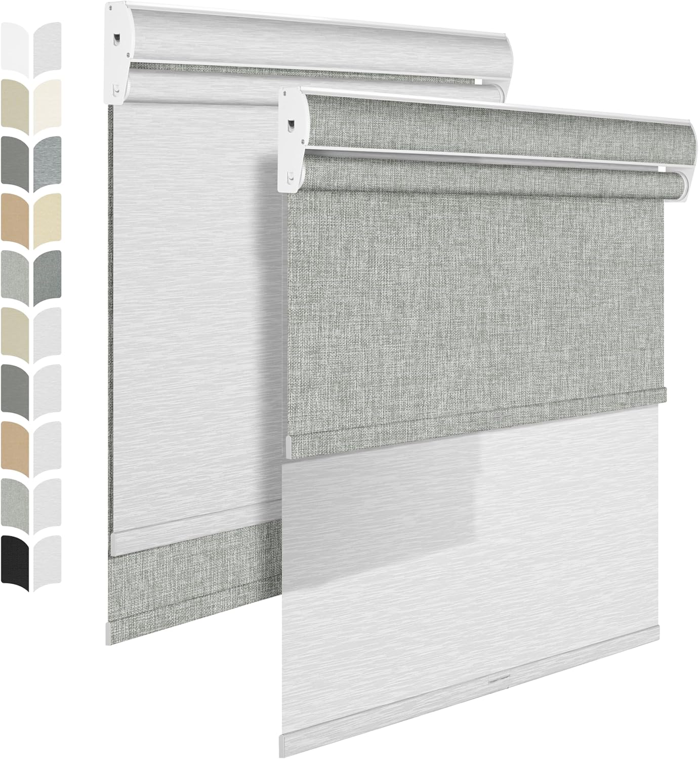 BERISSA Cordless Dual Roller Shades with Cassette Valance,Double Window Shades Blackout and Light Filtering Shades,Day and Night Roller Shades for Home Office Door.Linen Grey and White.44 W x 56" H