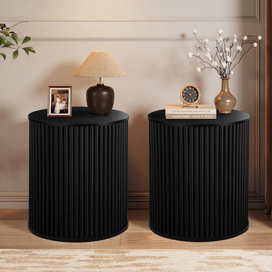 AVZEAR Small Round Side Table Fluted Night Stand Set of 2, Mid Century Modern End Table with Storage, Circle Bedside Tables Wood Nightstands for Small Spaces, Living Room, Bedroom (Black)