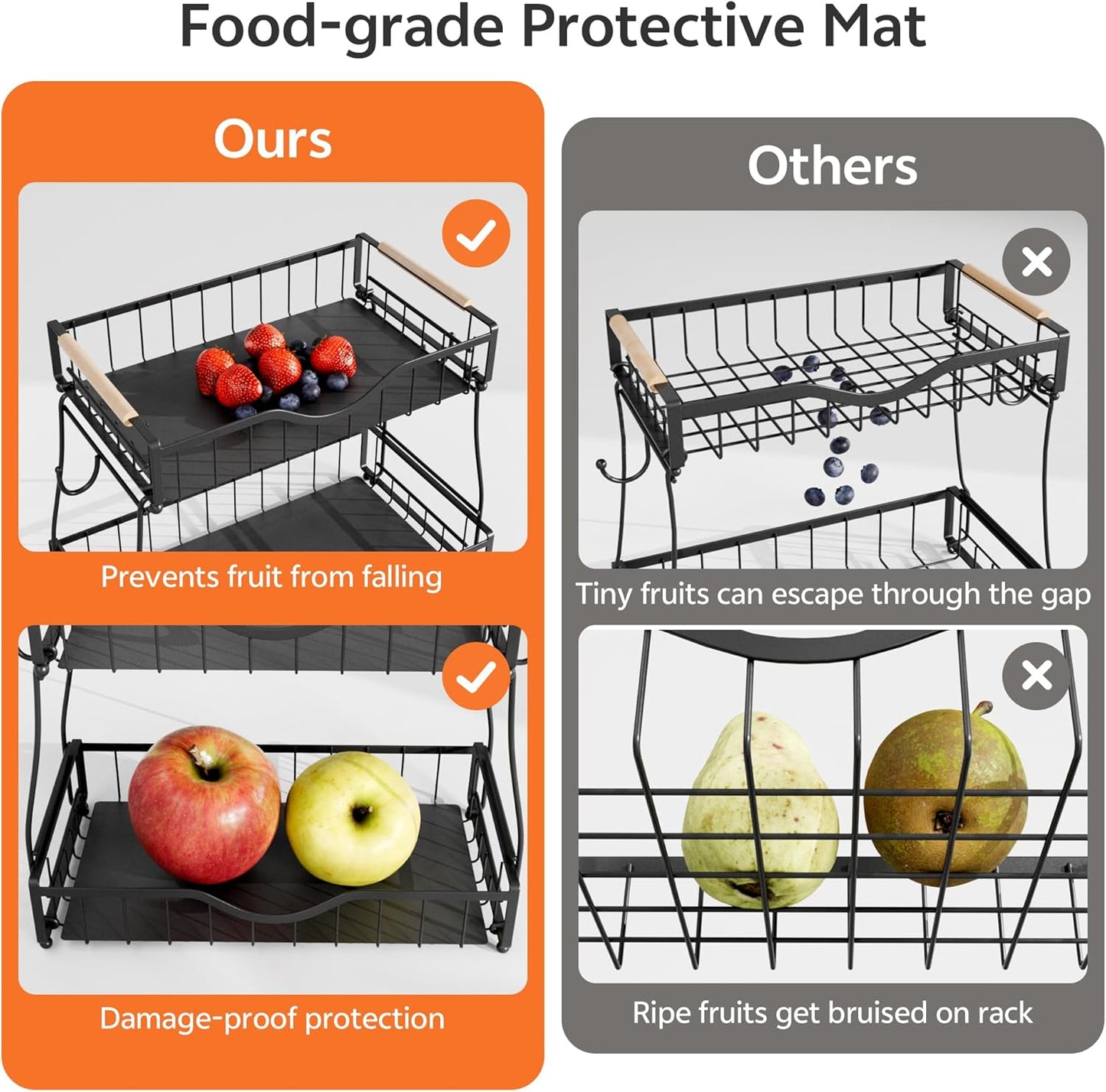 2 Tier Fruit Basket with 2 Banana Hangers, Fruit Bowl for Kitchen Countertop with 2 Wooden Handle, Detachable Metal Fruit Holder for Vegetable Bread with 2 Protective Pads, Black