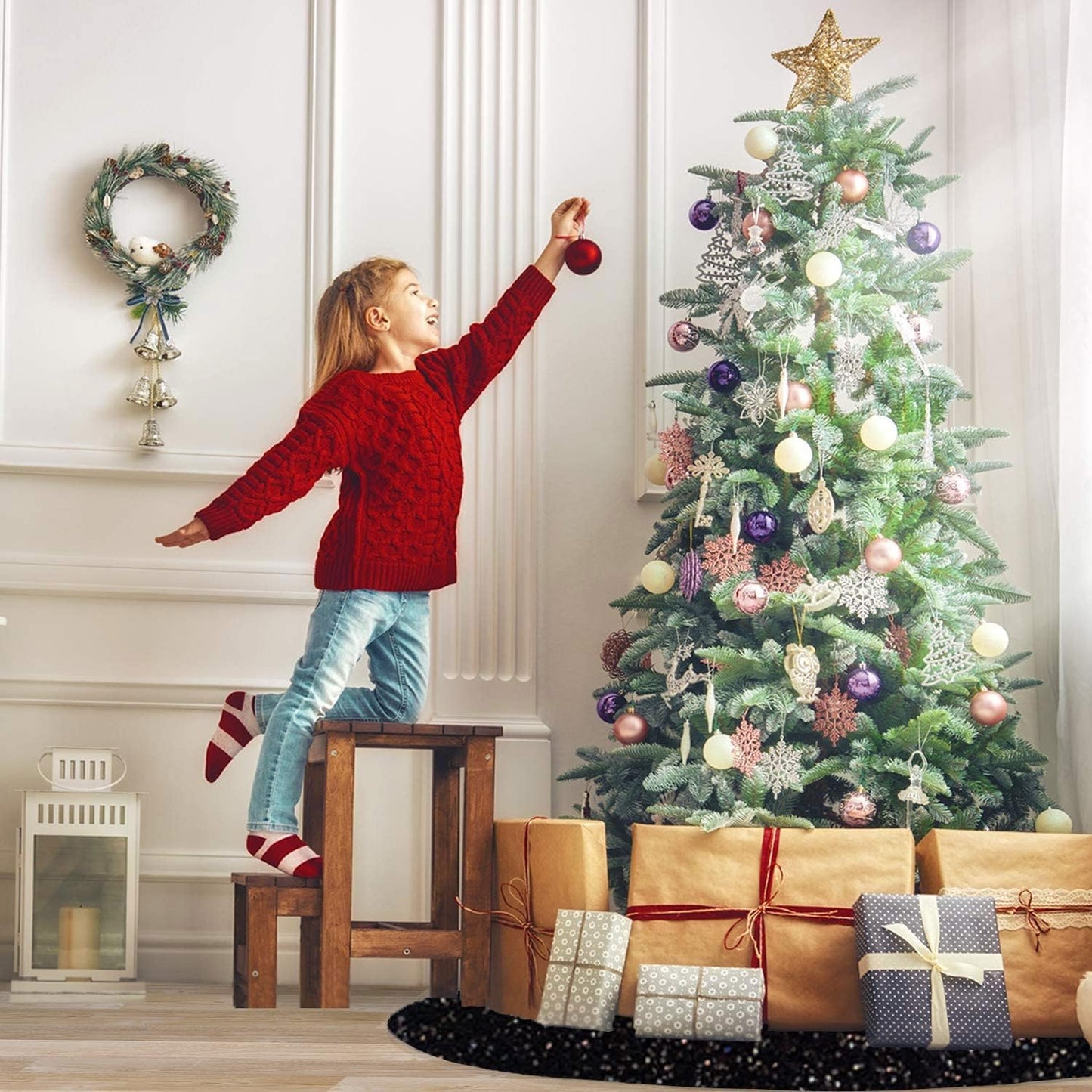 Christmas Tree Skirt 36 Inch Black Xmas Tree Skirt Soft Fabric Christmas Tree Skirts Santa Tree Decorations for Christmas Tree Skirt Halloween Tree Skirt Collar Sequin Metallic Tree Floor Base