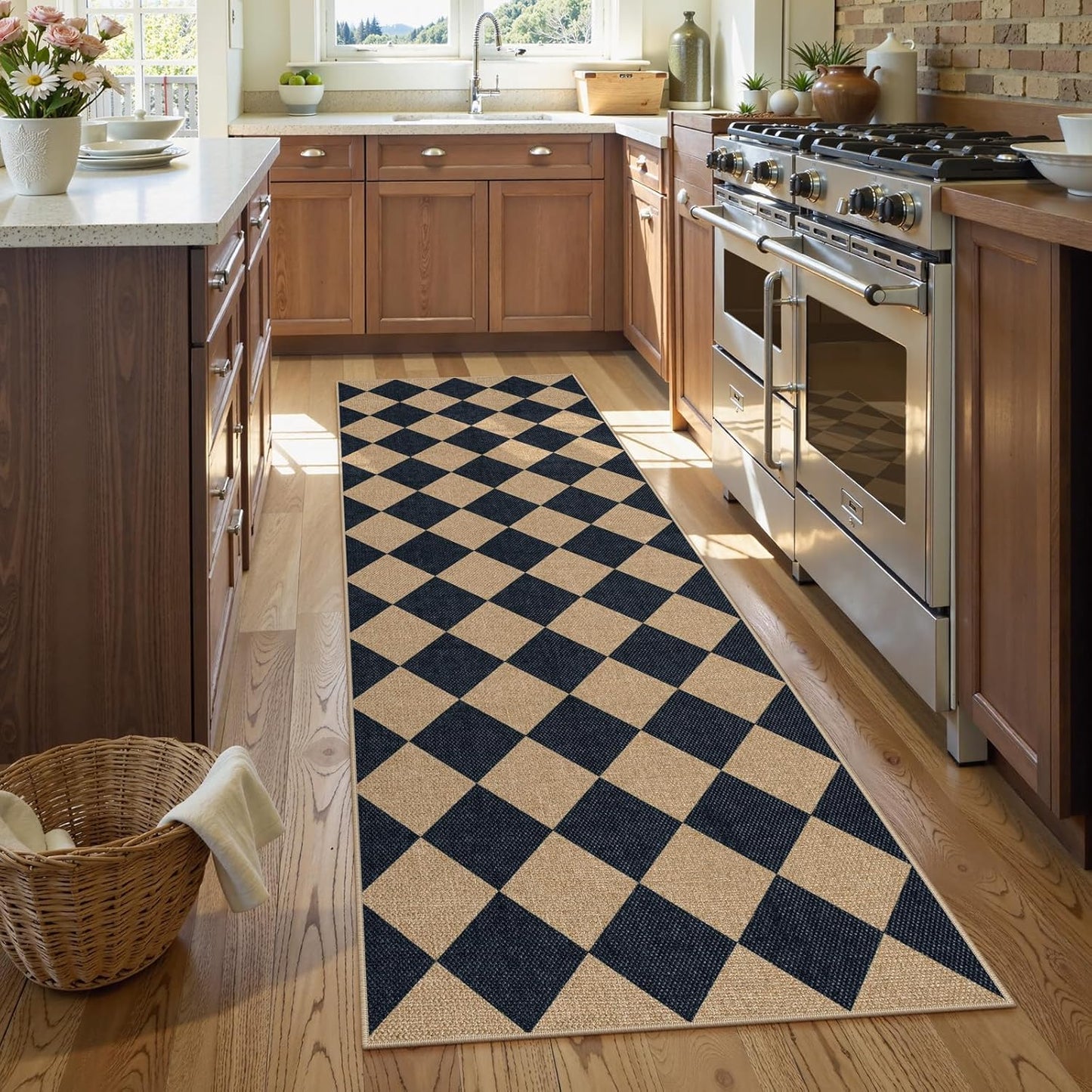 Lahome Checkered Easy Jute Runner Rug, 2x8 Hallway Kitchen Runner Rug Non Slip Washable Outdoor Carpet for Entryway Indoor, Checkerboard Black Indoor Outdoor Carpet for Hallway 8ft Entry