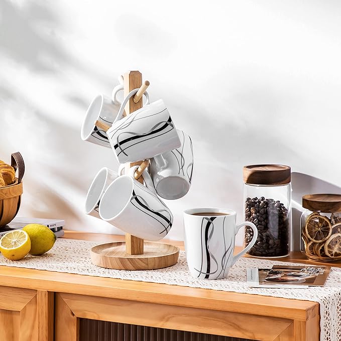 VEWEET Ceramic Coffee Mugs Set of 6, 11 OZ Coffee Cups Set with Handle, White Mugs Set Porcelain Cup Set for Kitchen, Microwave Dishwasher Safe, Series Fiona