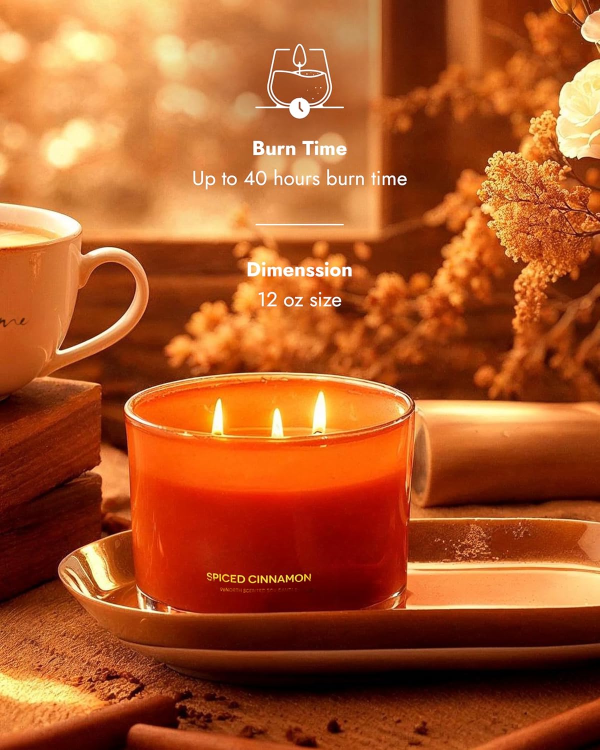 96NORTH Luxury Spiced Cinnamon Candle | Large 3 Wick Jar Candle | Up to 50 Hours Burning Time | 100% Natural Soy Wax | Relaxing Aromatherapy Aesthetic Candles | Housewarming Gift for Men and Women