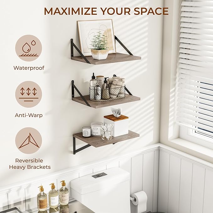 Heimlove Deep Floating Shelves for Wall, 12 Inch Deep Floating Shelves Set of 3, 16W x 12D Wood Wall Shelves, Wide Wood Shelves with Metal Bracket for Living Room, Kitchen, Office, Bedroom - Grey