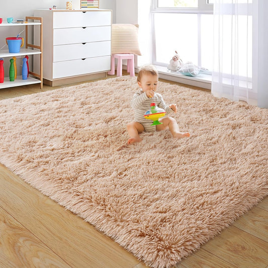 Rezutan Fluffy Rug for Living Room Bedroom, Large Comfy Modern Shaggy Fuzzy Kids Rug, Plush Indoor Nursery Classroom Home Decor Bedside with Non-Slip Bottom, Camel, 5X7 Feet