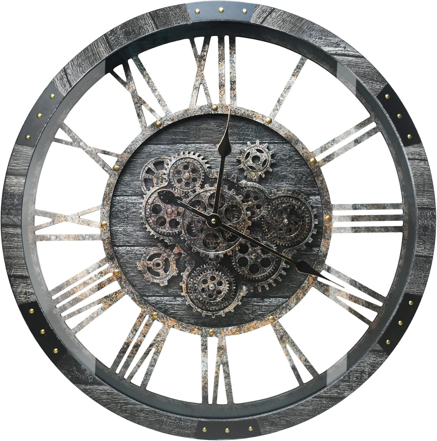 DORBOKER 36" Extra Large Wall Clock with Moving Gears, Oversized Giant Industrial Steampunk Rustic Clocks for Wall Decor Living Room Home Office, Solid Wood Retro Metal,Carbon Grey