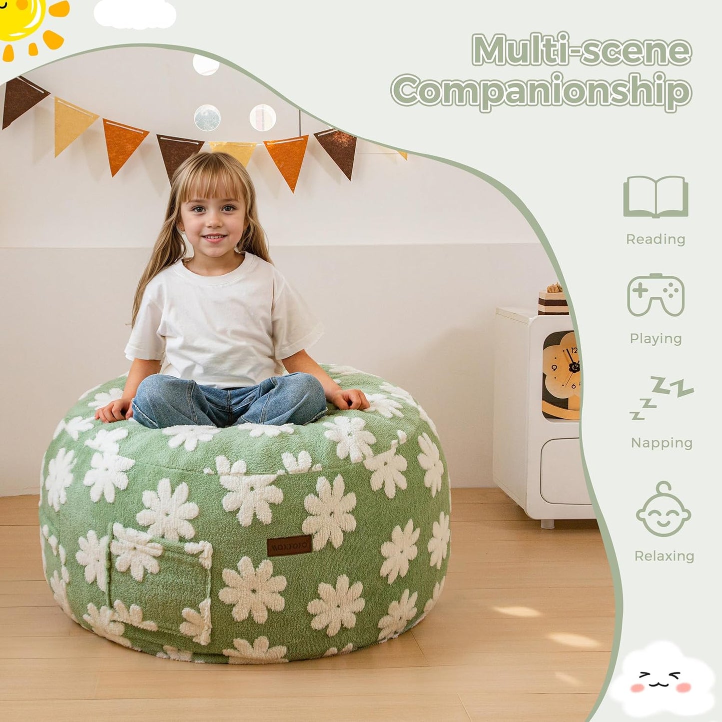 MAXYOYO Bean Bag Chair Bed for Kids, Convertible Bean Bag from Lazy Chair to Floor Bed, Fresh Floral Design Cover, Stuffed Floor Sofa Couch for Boys and Girls, High-Density Foam Filling, Green