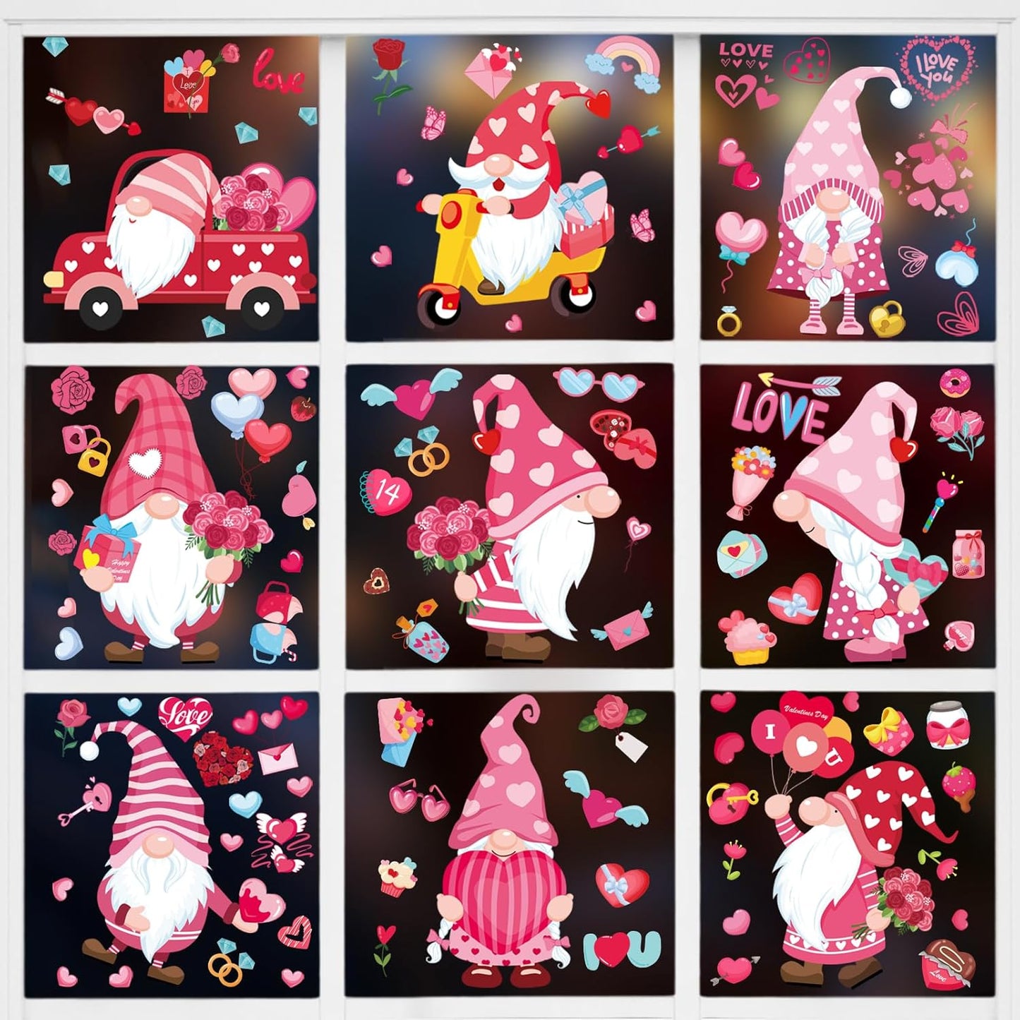 DC-BEAUTIFUL 107 PCS Valentines Window Clings, 9 Sheets Double-Sided Pink Love Heart Gnome Valentine Decoration Window Stickers, Reusable Static Holiday Window Decals for Home Wedding Party Decors