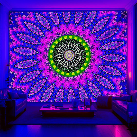 PSYHILAR Blacklight Mandala Tapestry for Bedroom, XL Black Light Posters for Adults and Teens, Red UV Reactive Aesthetic Bohemian Wall Art Decor (90 x 70 Inches)