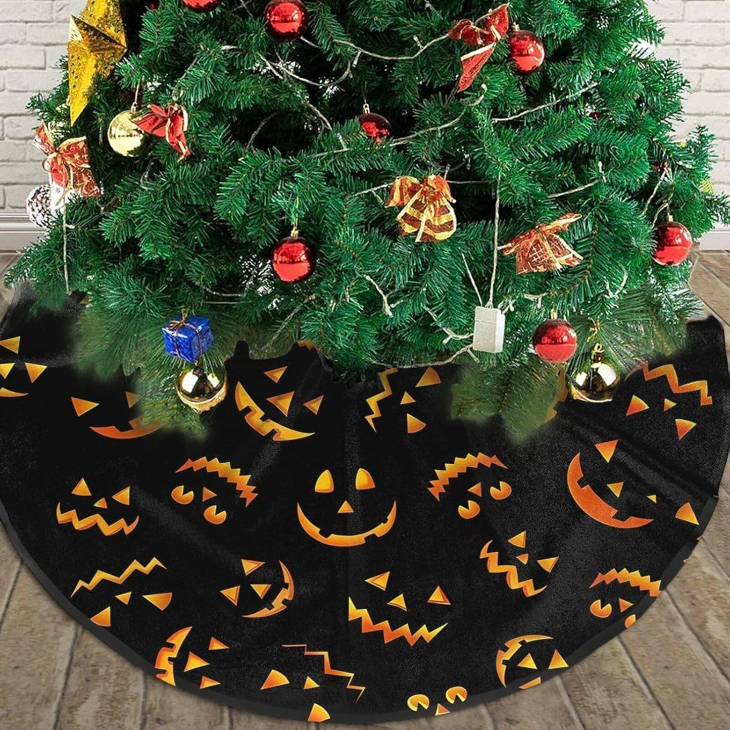 Christmas Tree Skirt,Jack O Lantern Pumpkin Smiles Xmas Tree Skirt Rustic Farmhouse Tree Skirt for Christmas Decor Xmas Holiday Home Party Decorations30
