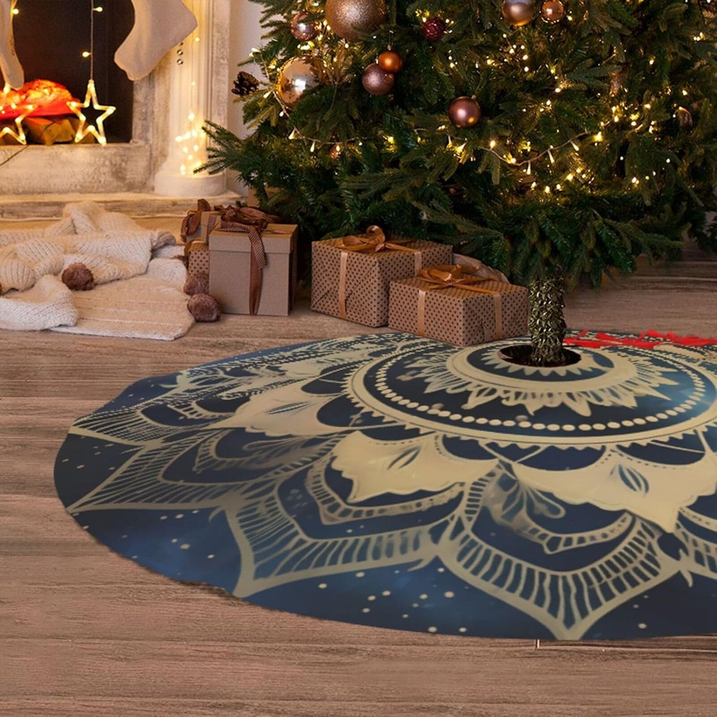 48" Large Christmas Tree Skirt, Elegant Gold Mandala Blue Galaxy Pattern Tree Mat Base Cover for Xmas Festive Holiday Party Decoration Ornaments