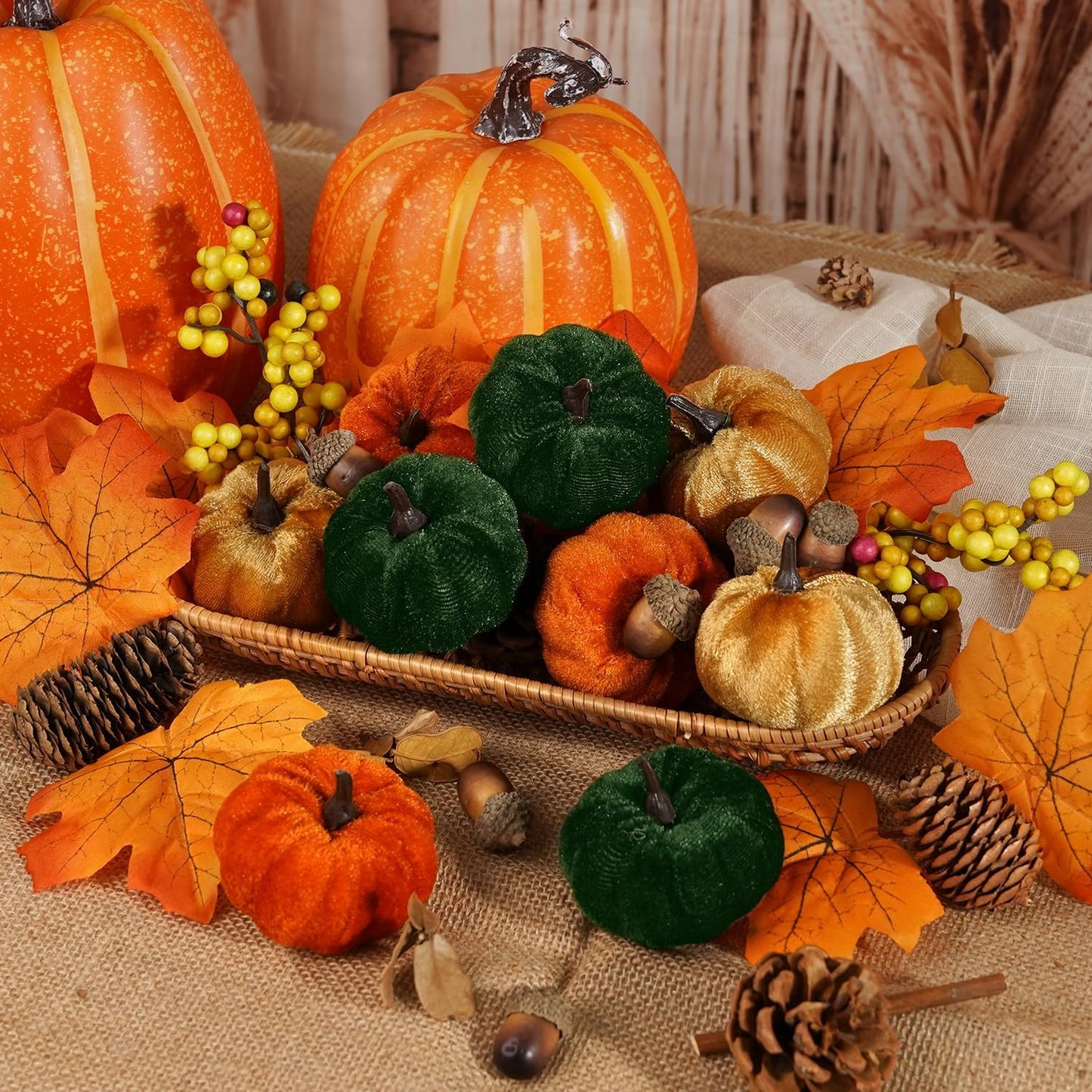 Artmag Fabric Pumpkins Set Decor, 25 PCS Fall Artificial Maple Leaves, Harvest Pumpkins, Acorns, Pine Cones and Orange Berry Stems Decorations for Fall Thanksgiving Table Home