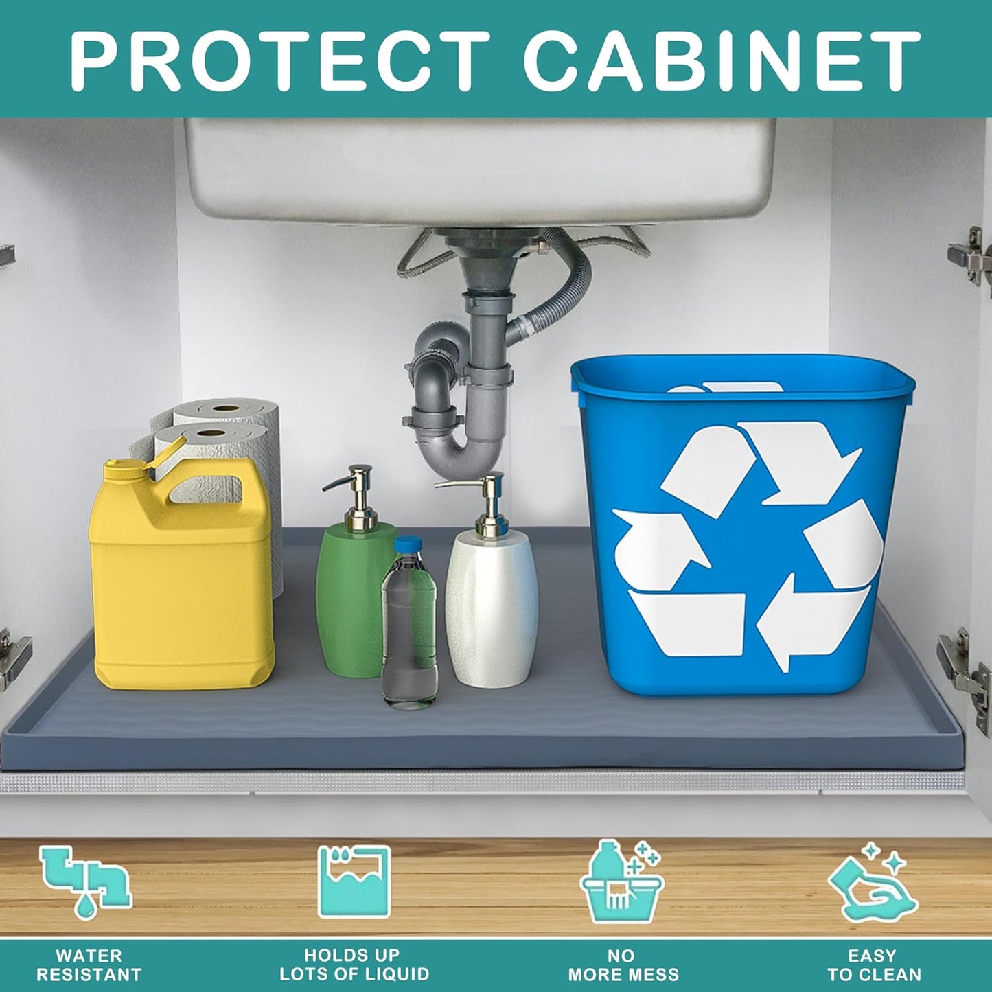 URMONA Waterproof Silicone Under Sink Mat 37'' x 22'' Shelf Liner for Kitchen and Bathroom, Cabinet and Counter Protector, Storage and Organizers, Litter Mat, Pet Cat Puppy Essentials(Dark Grey)