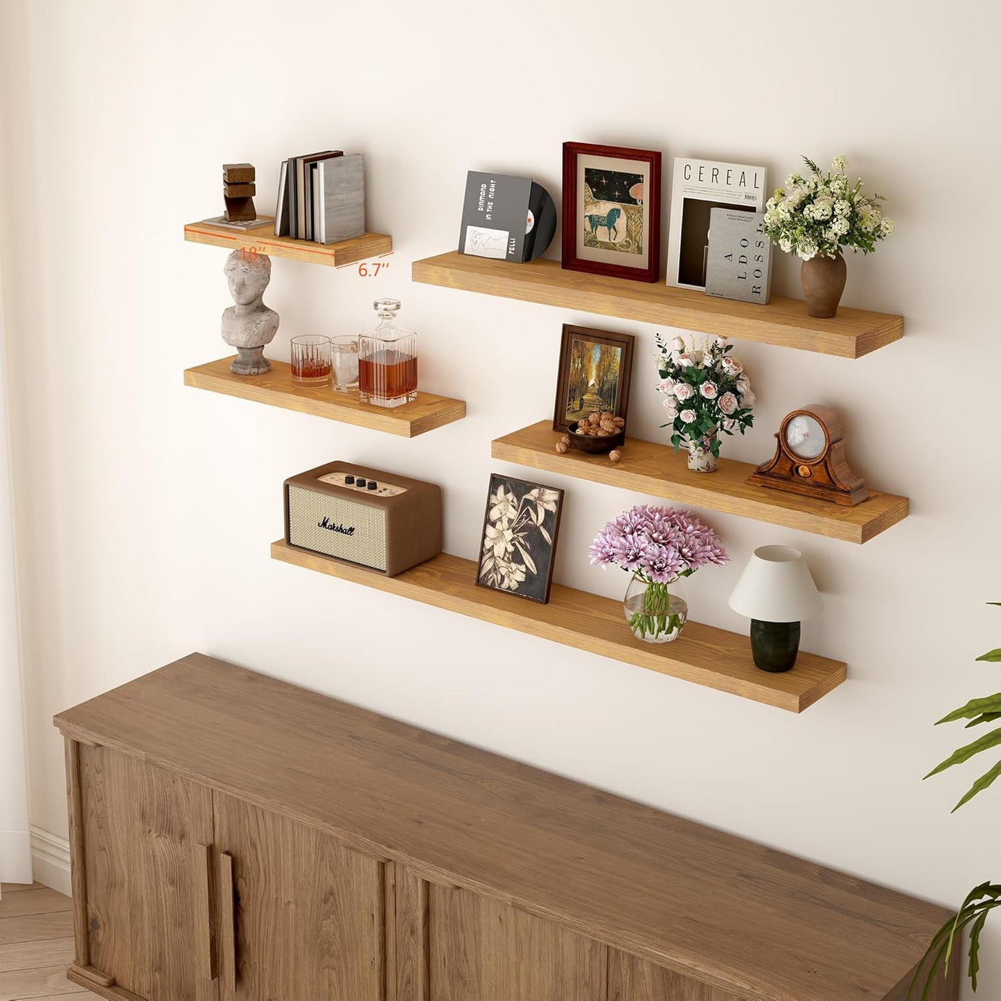 BGMG Wood Floating Shelves for Wall 18 inch Set of 2, Rustic Wooden Wall Mount Shelves for Living Room Bedroom Kitchen Farmhouse-18x6.7x1.25 inch- Gold Oak