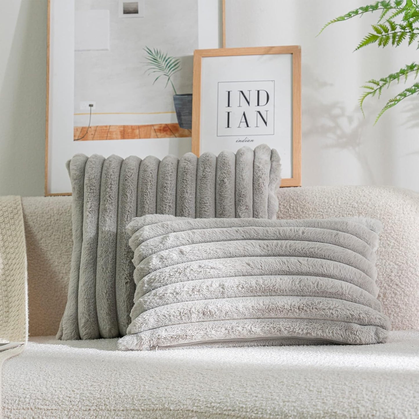 DEELAND Pack of 2,Double-Sided Faux Fur Plush Decorative Throw Pillow Covers Fuzzy Striped Soft Pillowcase Cushion Covers for Sofa Couch Bedroom Lightgrey 16x16 inch