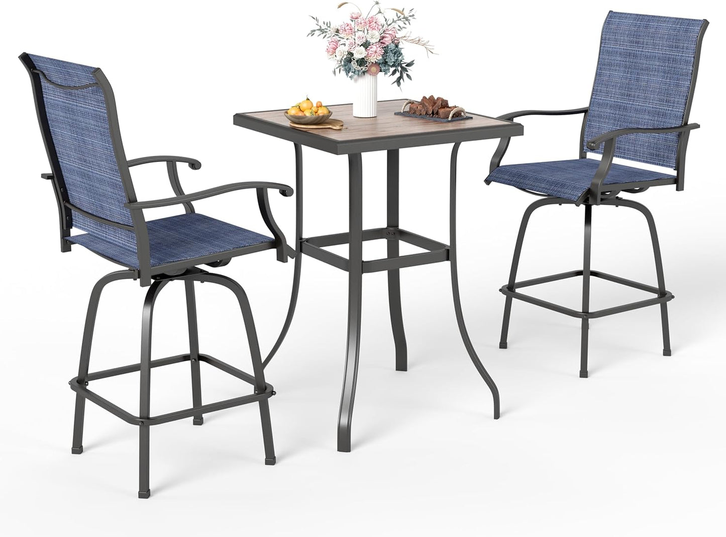Sophia & William Outdoor Bar Set, Patio Bar Table and Chairs Set, Bar Height Patio Set - 2 x Swivel Bar Chairs(Blue), 1 x Square Bar Table(Wood-Like)