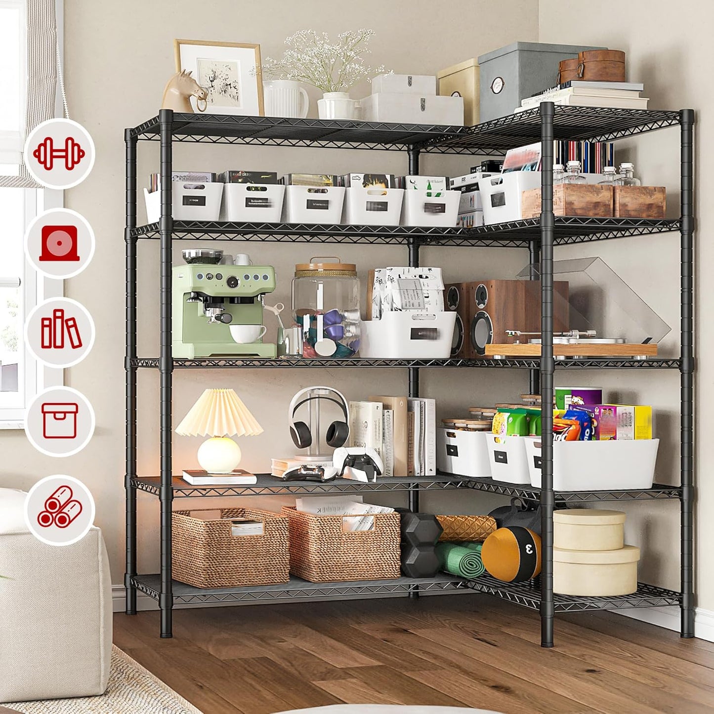REIBII 5 Tier Wire Shelving Storage Shelves Loads 1430LBS, 58" W Metal Shelving Unit for Storage Adjustable Heavy Duty Garage Shelving Pantry Shelves Kitchen Shelving, Black, 2 Pack