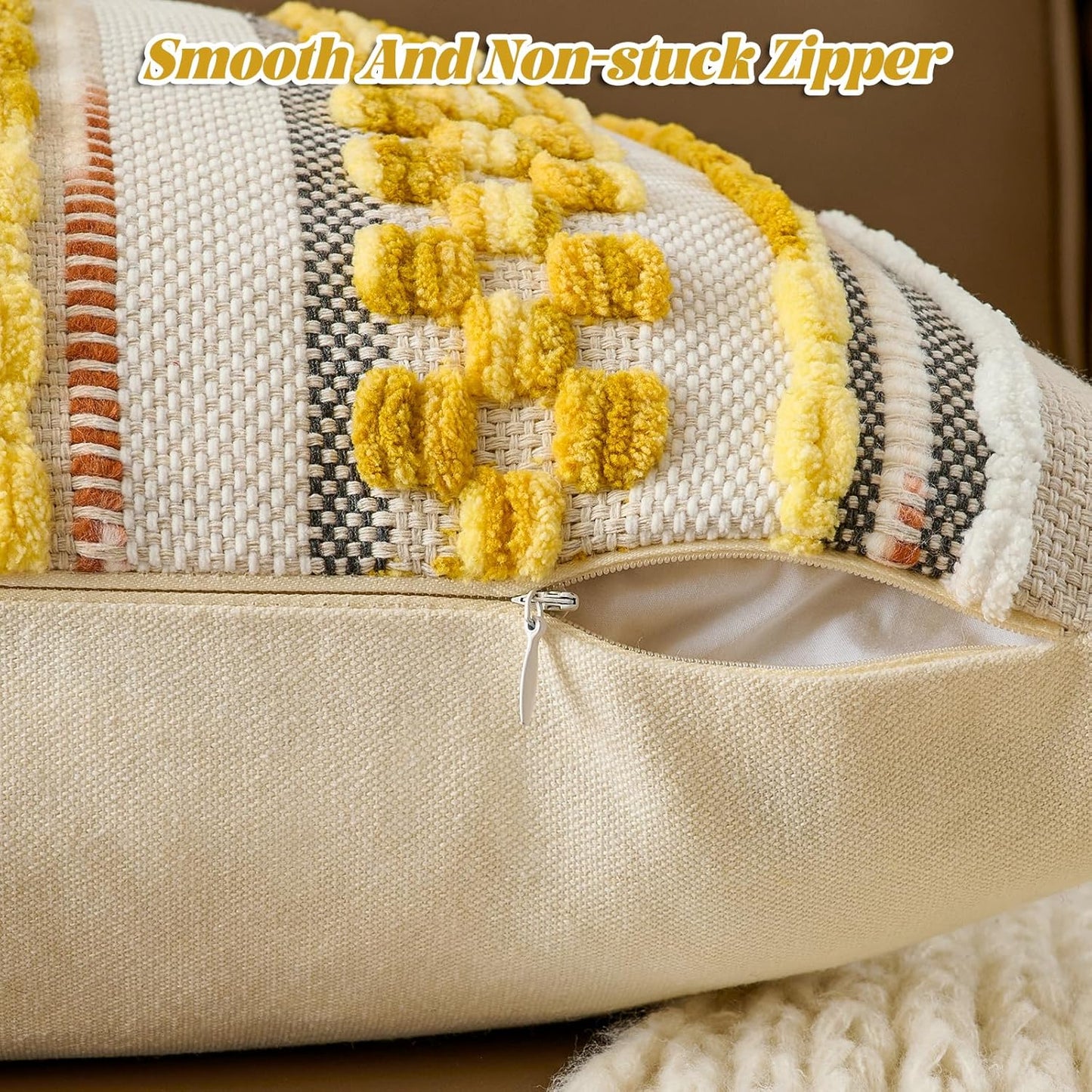 AmHoo Chenille Striped Textured Boho Throw Pillow Covers Aesthetic with Tassels Woven Decorative Pillow Case for Couch Bed Sofa Bedroom Modern Funky 18 x 18-Inch Yellow