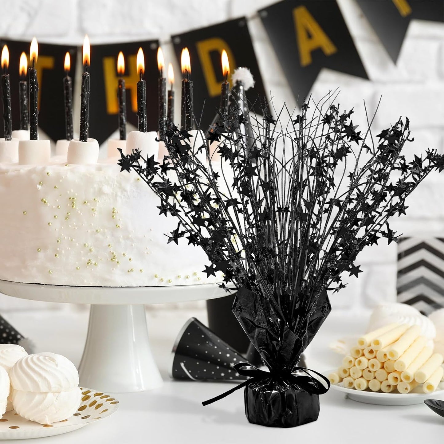 Crowye 18 Pieces Metallic Foil Spray Centerpiece Party Star Table Decoration Burst Metallic Table Centerpieces for Birthday Party Season Holiday(Black)