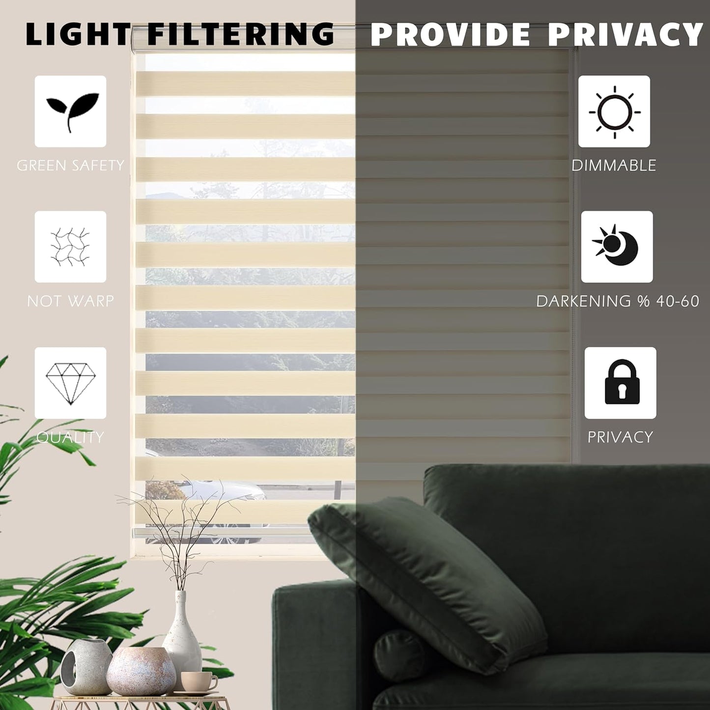 Custom Zebra Blinds for Windows, Free-Stop Zebra Shades, Dual Layer Light Filtering Sheer Blinds for Indoor Windows, Roller Window Shades for Privacy (21" W X 72" H, Cream)