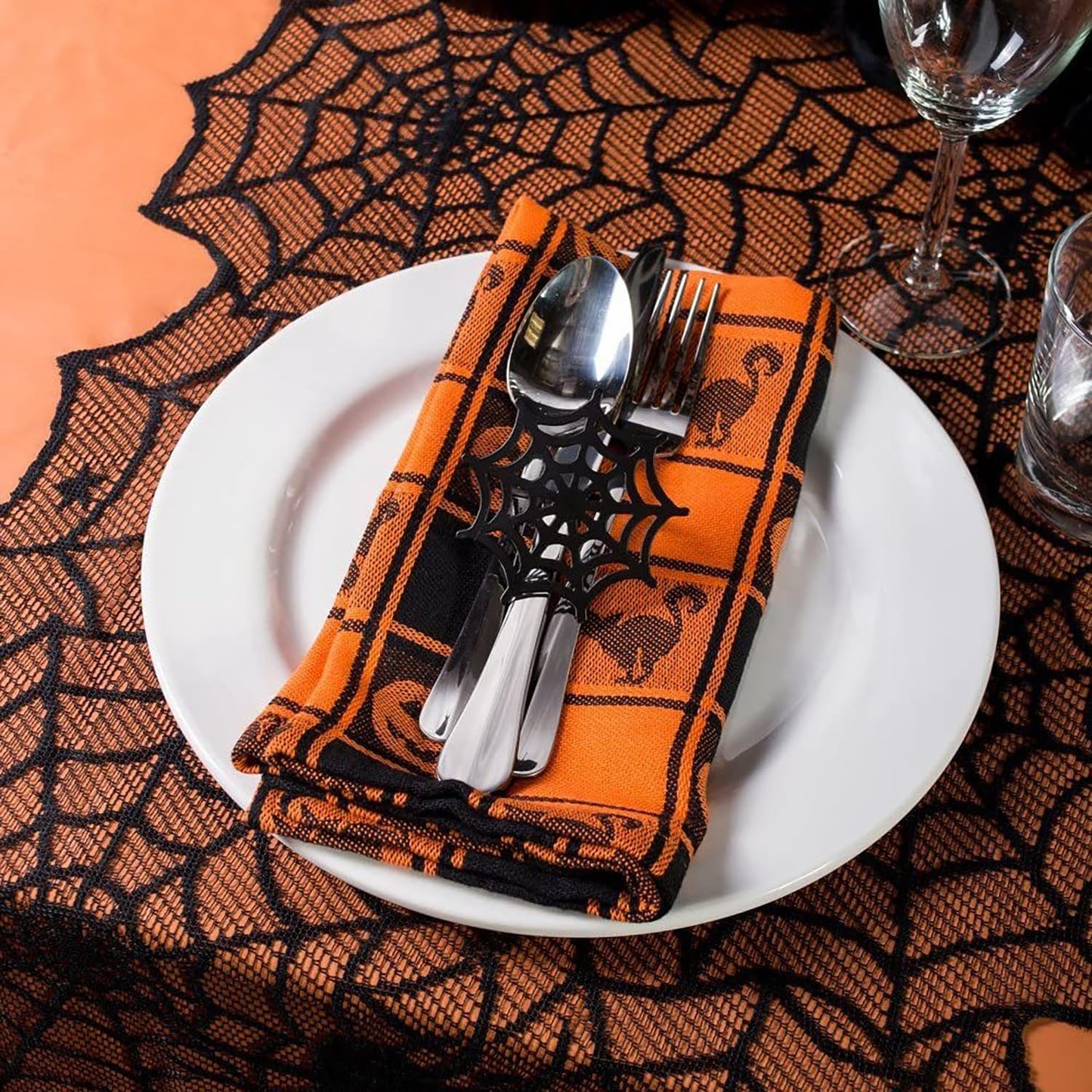 1-Pack Halloween Table Runner, Black Spider Stars Lace Table Runner, Gothic Kitchen Decor, Fall-Themed Party Decorations, Spider Web Reusable Home Accent, 18 x 72 Inches