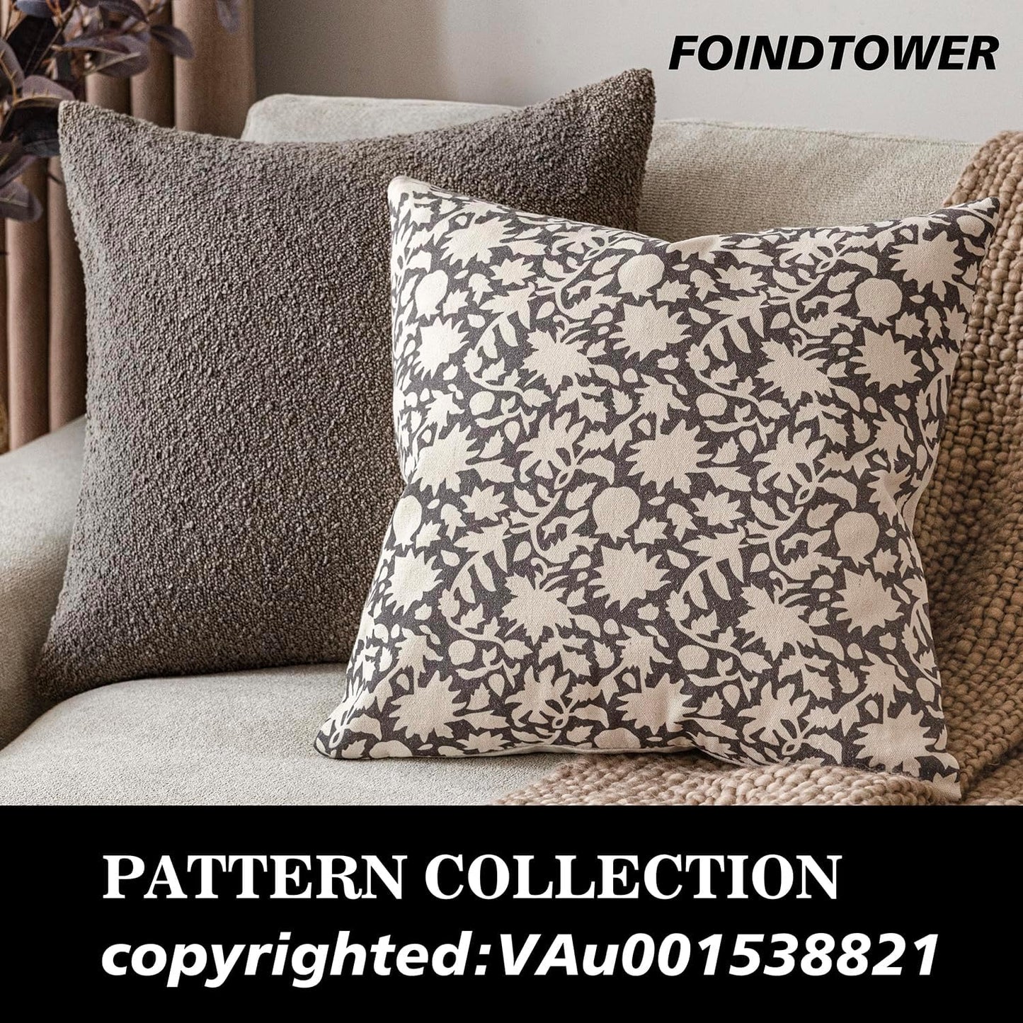 Foindtower Set of 2 Decorative Neutral Floral Throw Pillow Covers Accent Farmhouse Cushion Covers Boho Vintage Pillowcase for Couch Sofa Bedroom Living Room Home Decor Outdoor,24×24 Inch,Rustic Gray