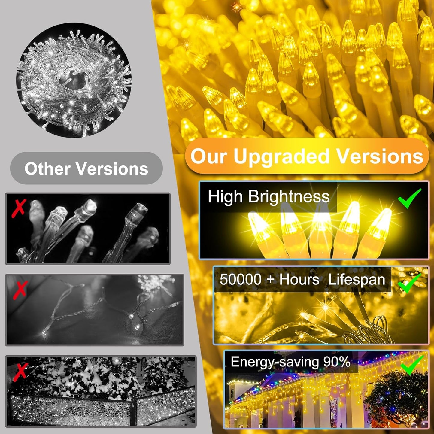 810LED 82ft Christmas Lights, 180Drops 12 Modes Warm White Christmas String Lights Outdoor Dimmable, Waterproof Christmas Decoration Fairy Lights with Timer for Indoor Eaves Party Patio Window Fence