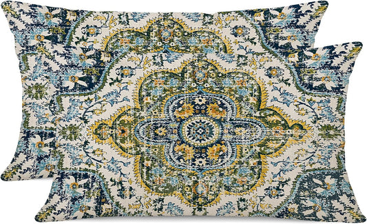 Outdoor Waterproof Pillow Covers 12X20 Set of 2 Bohemian Vintage Carpet Pattern Pillow Covers Green Blue Ethnic Design Decorative Farmhouse Cushion Case for Couch Garden