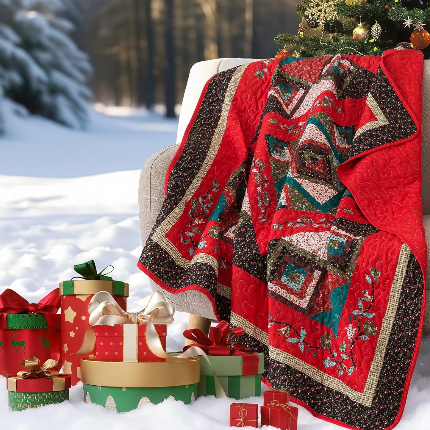 VAPUTAR Cotton Queen Quilt - Christmas Queen Size Quilt Bedding Set for Bed - Lightweight Farmhouse Bedspread with 2 Pillow Shams, 90x98 Inch All-Season Coverlet