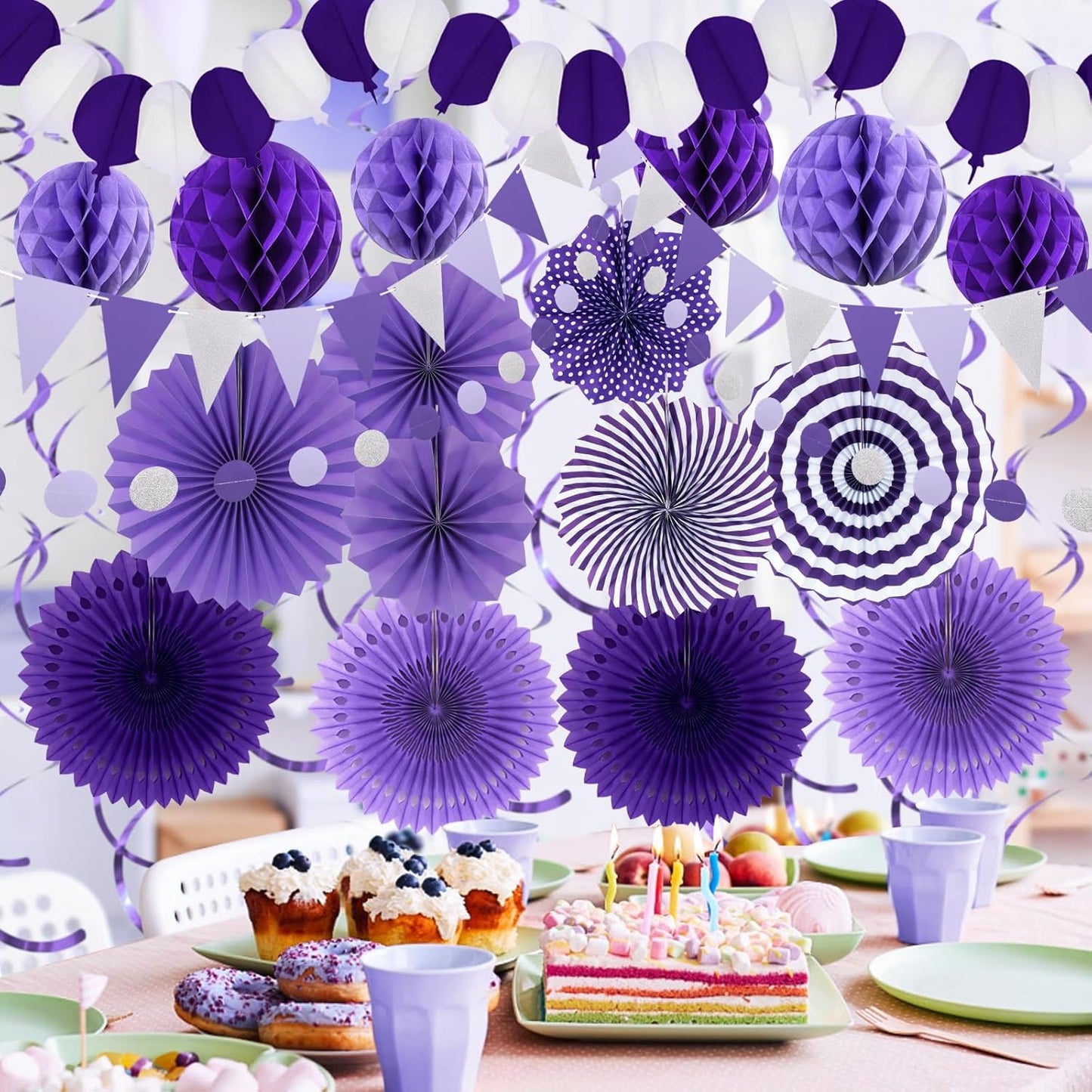 Purple Party Decorations, Birthday Party Supplies Easy Assembly Paper Fan Honeycomb Ball Garland Hanging Swirl for Graduation Birthday Baby Shower Bridal Shower Wedding Party Decorations