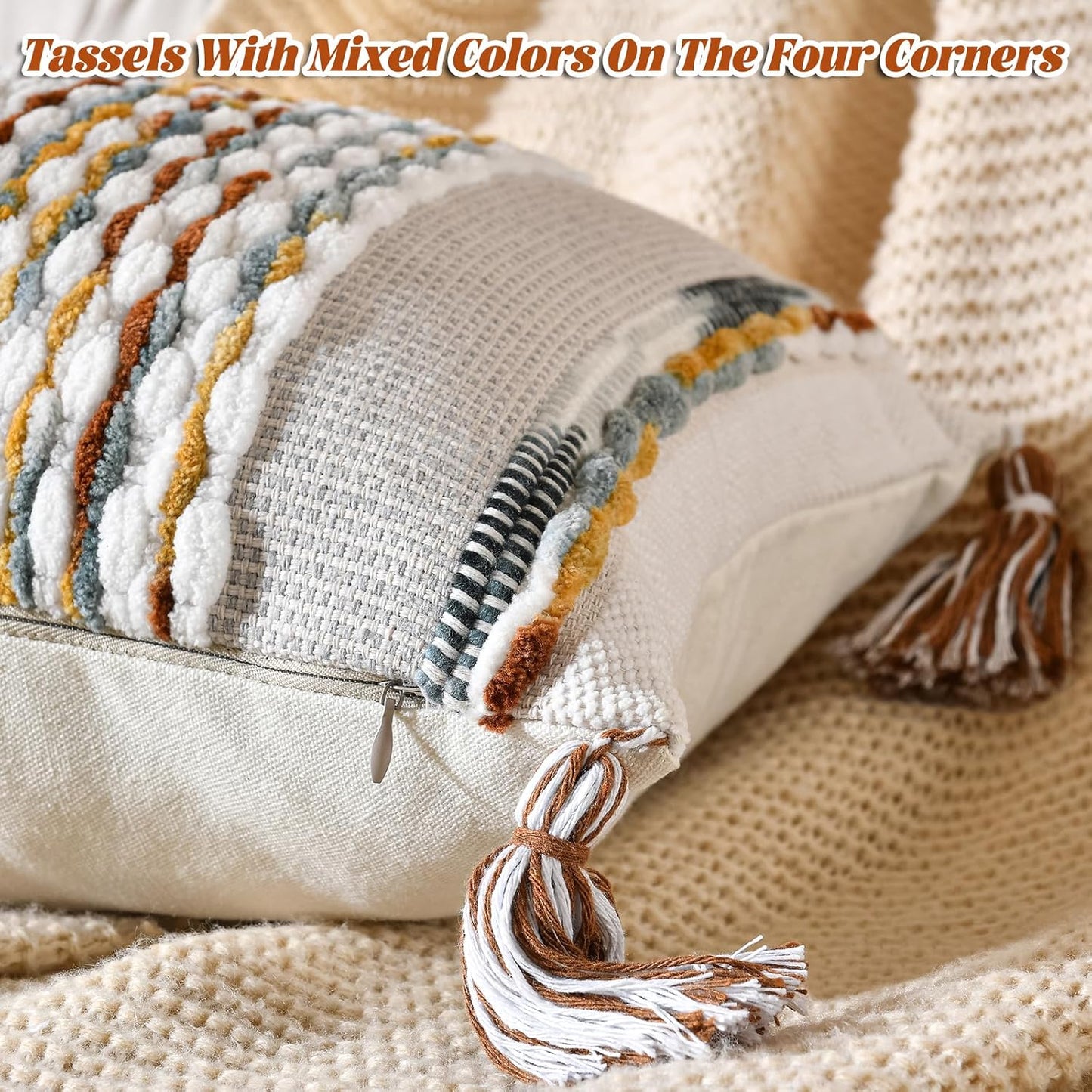 AmHoo Chenille Striped Textured Boho Throw Pillow Covers Aesthetic with Tassels Woven Decorative Pillow Case for Couch Bed Sofa Bedroom Modern Funky 14 x 36-Inch Brown