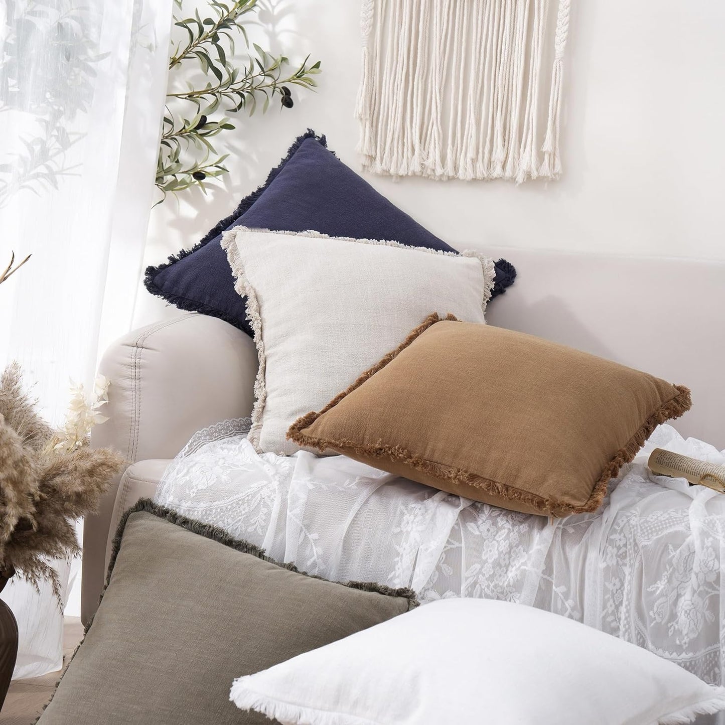 Foindtower Set of 2 Decorative Linen Fringe Throw Pillow Covers Cozy Boho Farmhouse Cushion Cover with Tassels Soft Accent Pillowcase for Couch Sofa Bed Living Room Home Decor,18×18 Inch,Khaki Brown