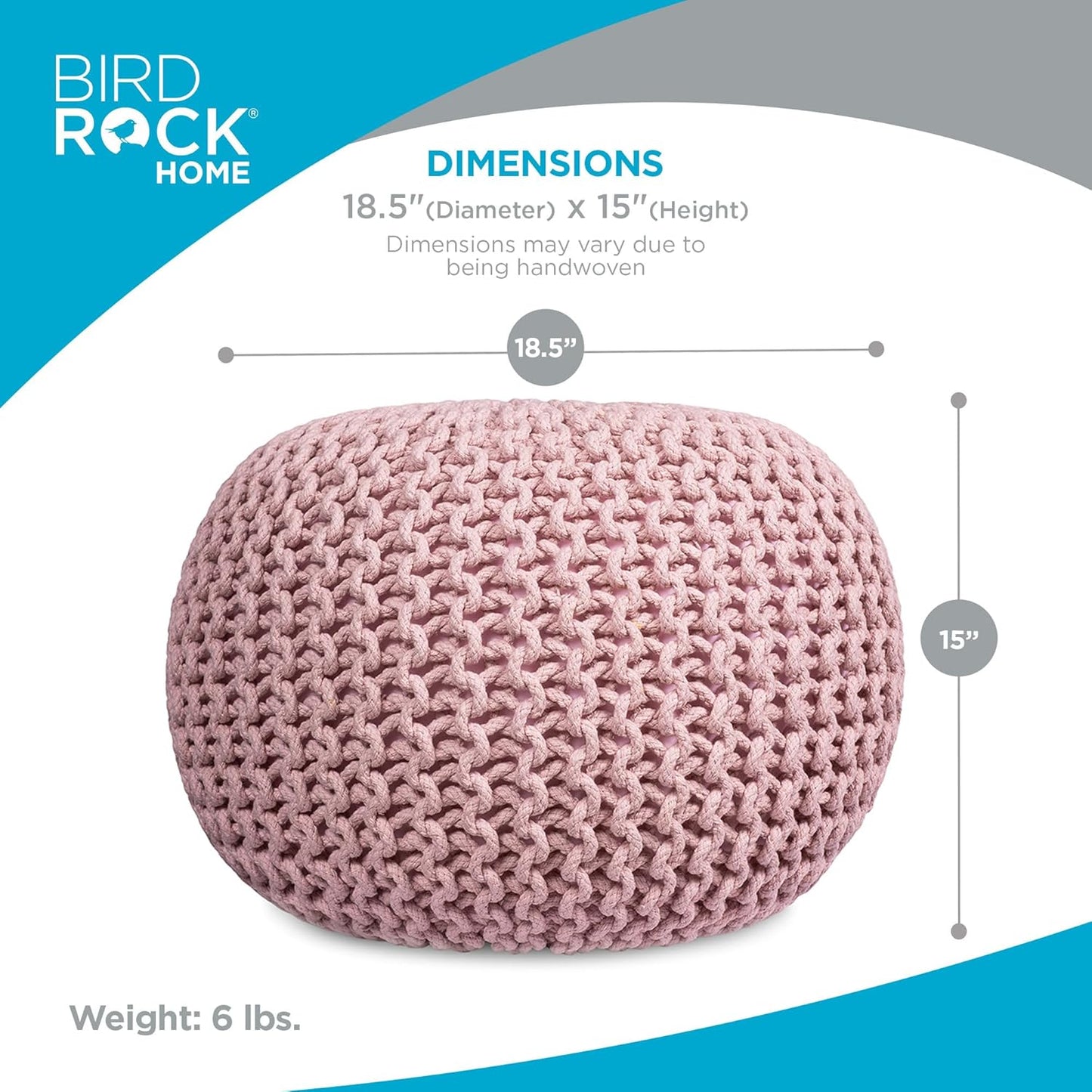 BIRDROCK HOME Round Pouf Ottoman | Cotton Braided Foot Stool with Bean Bag Filling | Boho Foot Rest for Living Room & Bedroom | Compact & Comfortable Seating, Lightweight & Soft | Dusty Rose