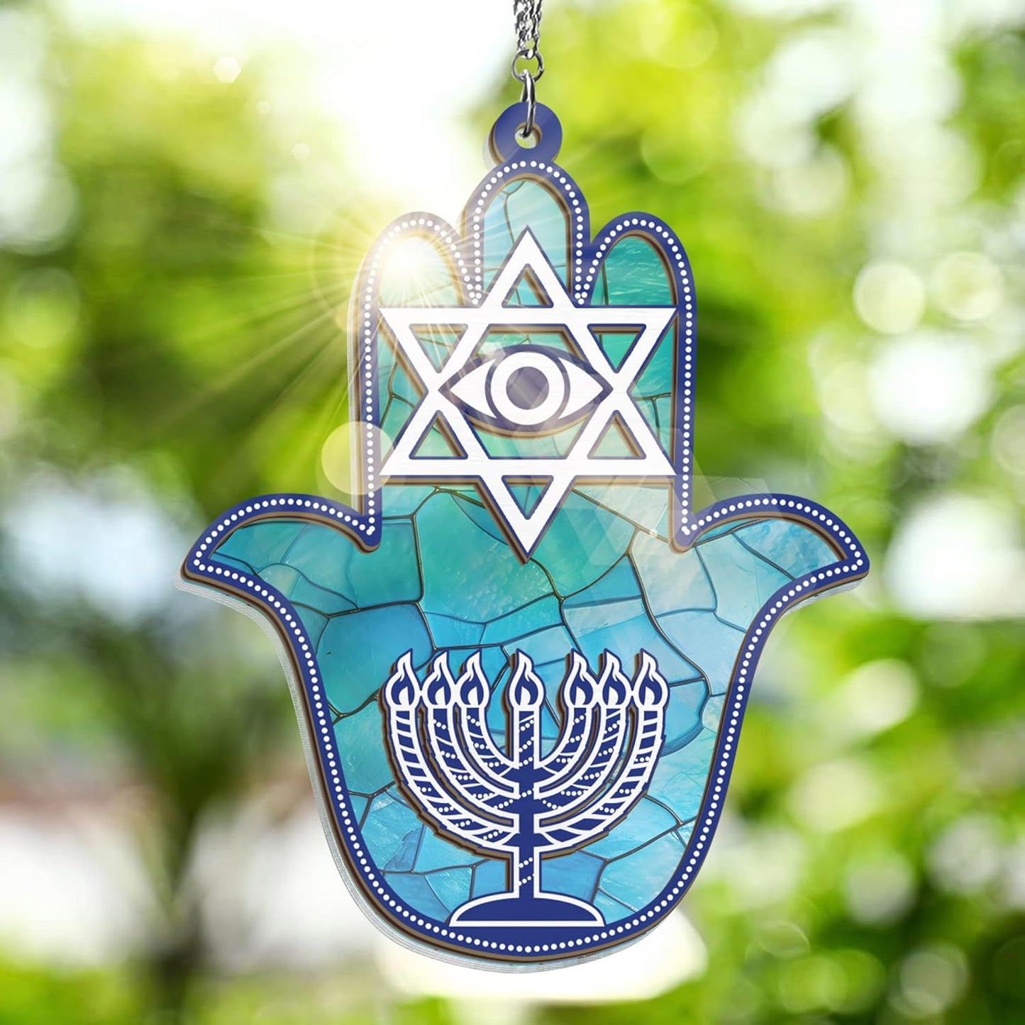 FLAGWIX Hanukkah Gifts for Women Men - Double Layered Hanging Suncatcher 6 in - Christmas Birthday Spiritual Good Luck Housewarming Gifts for Mom Dad Friends, Hamsa Hand Fatima Home Decor