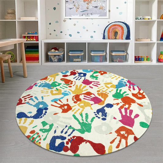 STARUIA Large Round Rug for Classroom 6 Ft, Colorful Circle Rug for Nursery, Washable Kids Rug for Playroom, Soft Circular Carpet Handprints and Footprints Play Mat for Kids Bedroom Toy Room