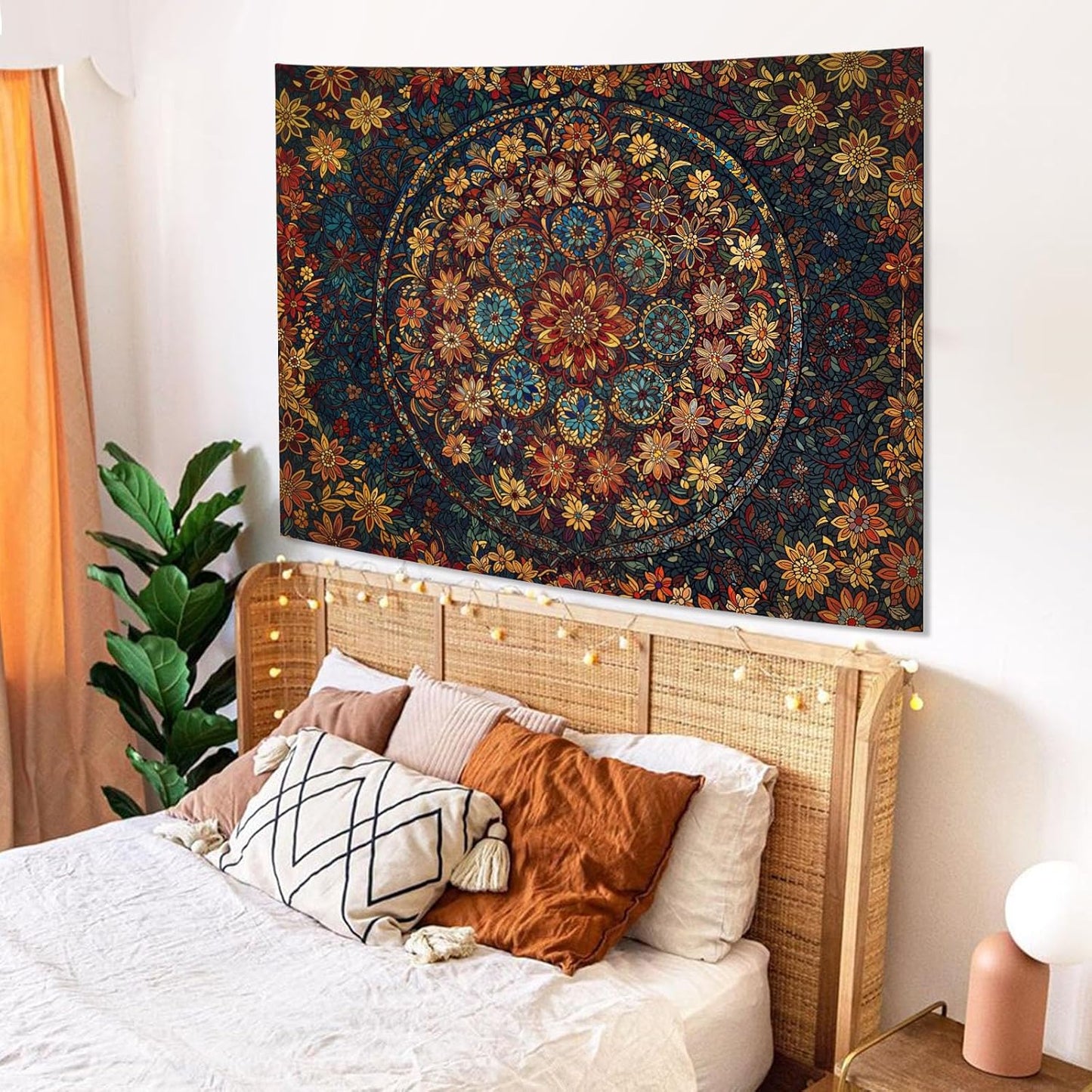 Fowocu Boho Floral Mandala Tapestry Wall Hanging Vintage Bohemian Flower Medallion Tapestry Aesthetic Orange Stained Glass Hippie Small Tapestries for Bedroom Living Room Dorm Decor 40 x 30 Inch