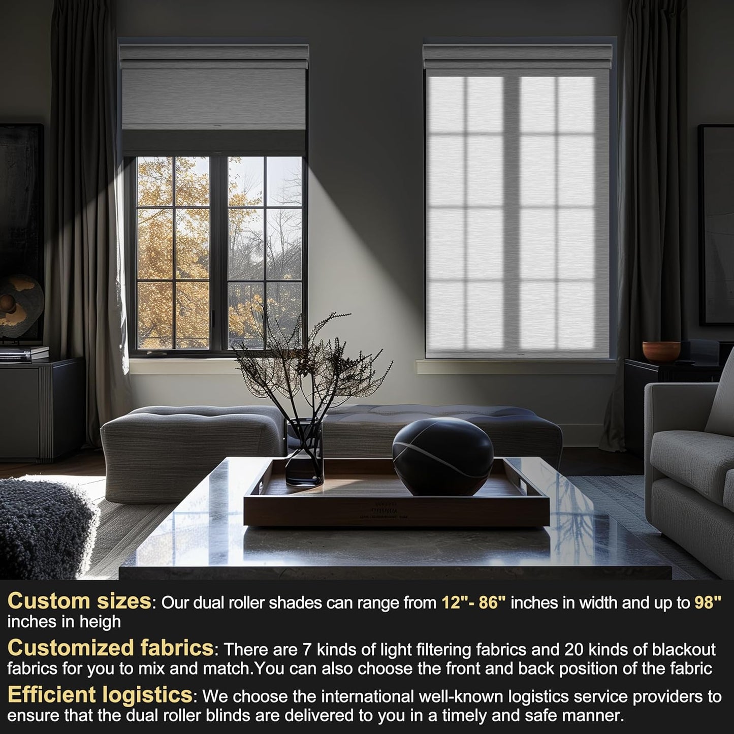 BERISSA Cordless Dual Roller Shades with Cassette Valance,Double Window Shades Blackout and Light Filtering Shades,Day and Night Roller Shades for Home Office Door.Grey and White.33 W x 48" H