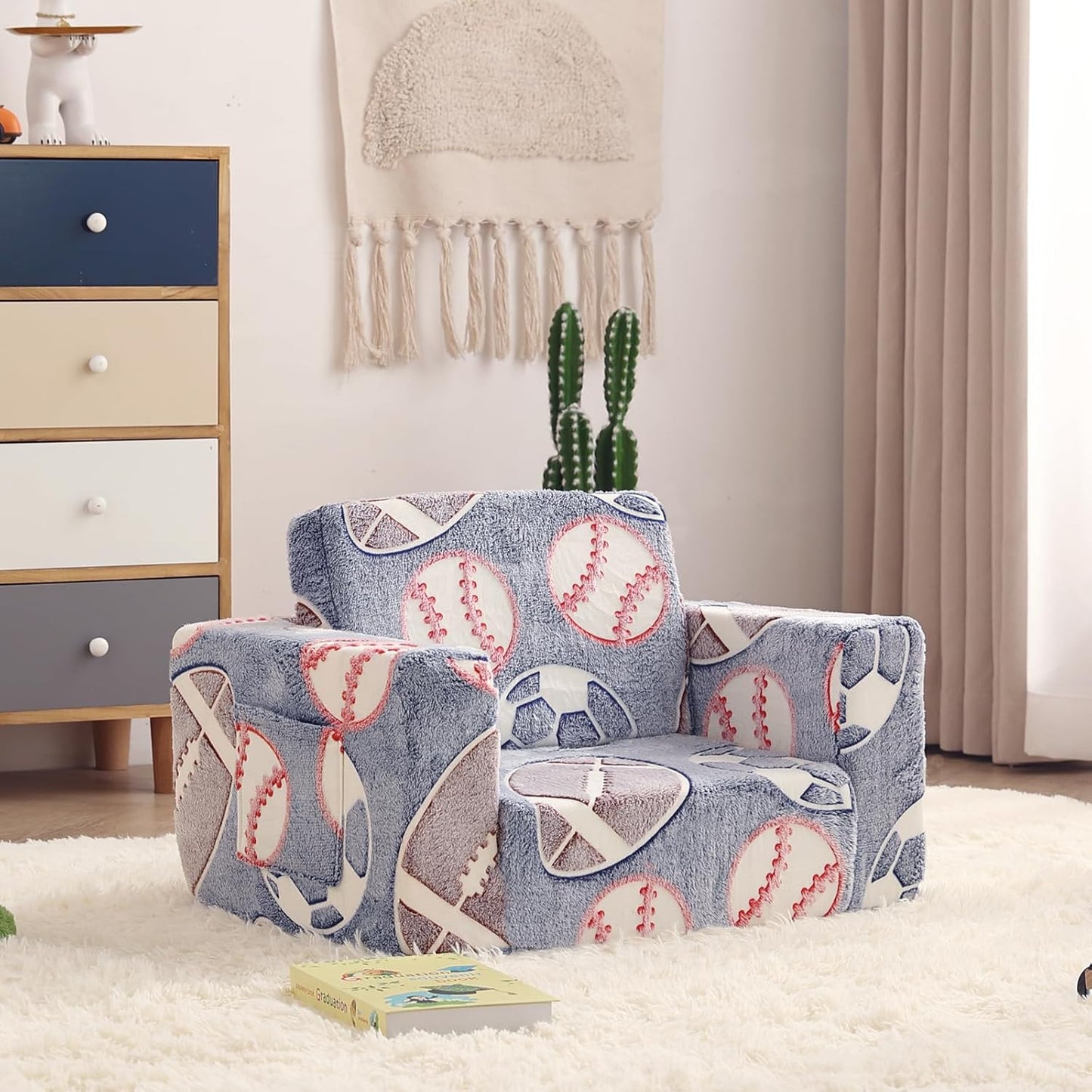 Toddler Chair Kids Couch, 2-in-1 Toddler Soft Sherpa Couch Fold Out Armchair Glow in The Dark with Removable Cover, Convertible Reading Chair Toddler Sofa for Kids, Football